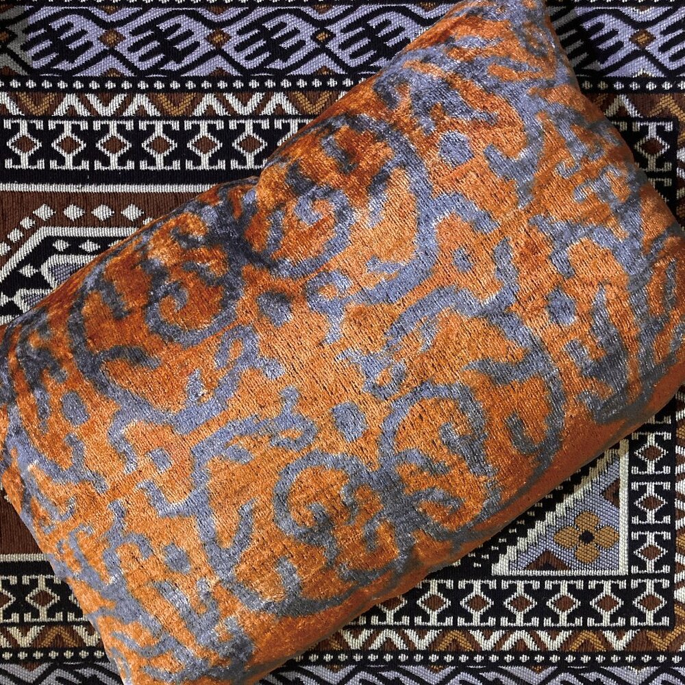 Vtg designer orange gray chenille velvet lumbar pillow oriental Turkish kilim